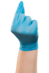Male doctor hand in blue glove make gesture. Shot in studio. Isolated with clipping path on white background