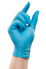 Male doctor hand in blue glove make gesture. Shot in studio. Isolated with clipping path on white background