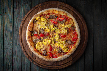 Tasty hot italian pizza with with egg, pork and tomatoes. Pizzeria menu. Concept poster for Restaurants or pizzerias