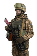 Ukraine officer in mechanized infantry uniform isolated with clipping path on white background. (Flag and arms of Ukraine on the shoulder. Patch on the chest with the inscription Ukraine in Ukrainian)