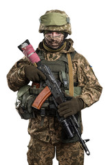 Ukraine officer in mechanized infantry uniform isolated with clipping path on white background. (Flag and arms of Ukraine on the shoulder. Patch on the chest with the inscription Ukraine in Ukrainian)