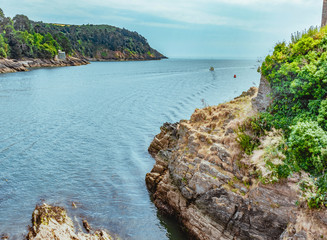 Obraz premium The River Dart from Dartmouth Castle. The River Dart is a river in Devon, England which rises high on Dartmoor, and releases to the sea at Dartmouth