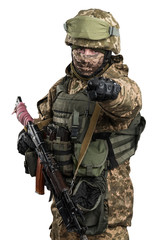 Ukraine officer in mechanized infantry uniform isolated with clipping path on white background. (Flag and arms of Ukraine on the shoulder. Patch on the chest with the inscription Ukraine in Ukrainian)