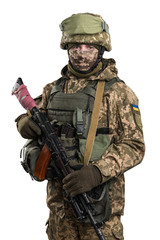 Ukraine officer in mechanized infantry uniform isolated with clipping path on white background. (Flag and arms of Ukraine on the shoulder. Patch on the chest with the inscription Ukraine in Ukrainian)