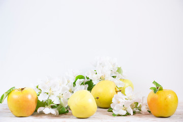 Apples, pears and white flowers of an apple tree on a light background. Home interior with spring decor.