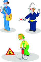Postman, warden and building contractor, people woth protection masks. Set of illustrated jobs, vector illustration