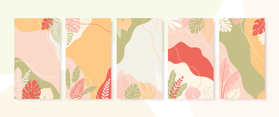 Collection of abstract backgrounds with copy space for text. Vector bright vibrant banners, posters, cover design templates, social media stories wallpapers with tropical leaves. Vector layouts set.