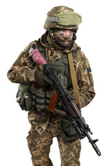 Fototapeta premium Ukraine officer in mechanized infantry uniform isolated with clipping path on white background. (Flag and arms of Ukraine on the shoulder. Patch on the chest with the inscription Ukraine in Ukrainian)