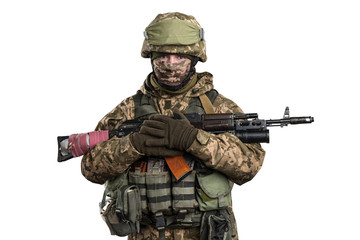 Ukraine officer in mechanized infantry uniform isolated with clipping path on white background....