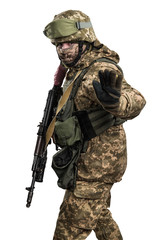 Fototapeta premium Ukraine officer in mechanized infantry uniform isolated with clipping path on white background. (Flag and arms of Ukraine on the shoulder. Patch on the chest with the inscription Ukraine in Ukrainian)