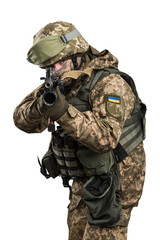 Ukraine officer in mechanized infantry uniform isolated with clipping path on white background. (Flag and arms of Ukraine on the shoulder. Patch on the chest with the inscription Ukraine in Ukrainian)