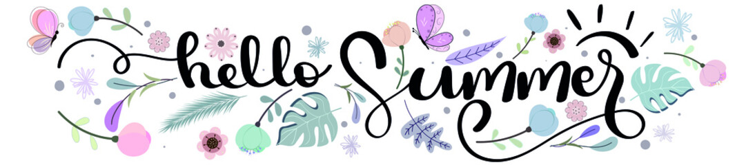 Hello Summer. Hello summer hand lettering vector with flowers and leaves. Illustration Welcome summer
 - obrazy, fototapety, plakaty