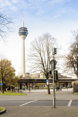 Sights of Dusseldorf - Rheinthurm. Germany, end of autumn, beginning of winter