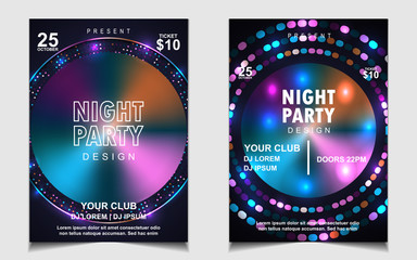 Night dance party music layout cover design template background with colorful dark blue glitters style. Light electro vector for music event concert disco, club invitation, festival poster, flyer