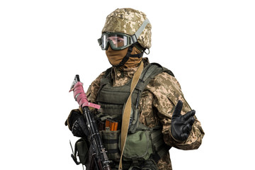 Ukraine officer in mechanized infantry uniform isolated with clipping path on white background. (Flag and arms of Ukraine on the shoulder. Patch on the chest with the inscription Ukraine in Ukrainian)