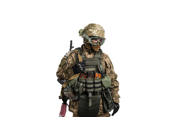 Ukraine officer in mechanized infantry uniform isolated with clipping path on white background. (Flag and arms of Ukraine on the shoulder. Patch on the chest with the inscription Ukraine in Ukrainian)