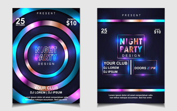Night dance party music layout cover design template background with colorful dark blue glitters style. Light electro vector for music event concert disco, club invitation, festival poster, flyer