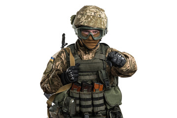 Ukraine officer in mechanized infantry uniform isolated with clipping path on white background....