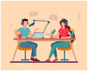 Man and woman are DJs on the radio. Concept of podcasting, radio station, interview. Podcast presenters with a microphone talking live in studio. Vector flat illustration isolated on beige background