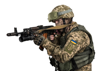 Ukraine officer in mechanized infantry uniform isolated with clipping path on white background....