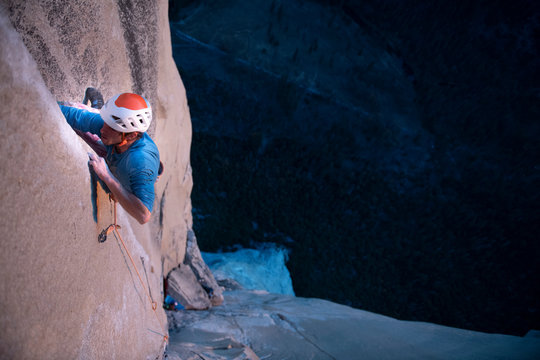 Rock climber crack climbing on the Nose, El Capitan in Yosemite