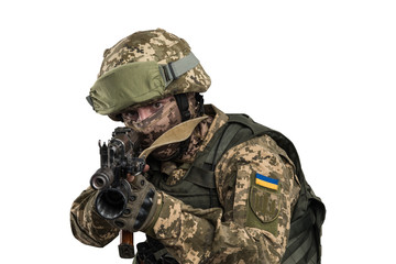 Ukraine officer in mechanized infantry uniform isolated with clipping path on white background. (Flag and arms of Ukraine on the shoulder. Patch on the chest with the inscription Ukraine in Ukrainian)