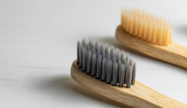 Macro image of a handmade bamboo toothbrush head. Ecological and sustainable alternative to plastic for dental cleaning