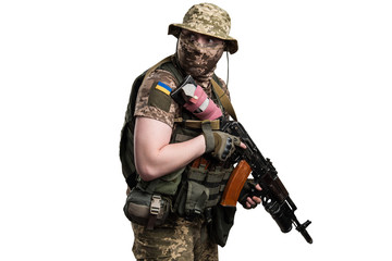 Ukraine officer in mechanized infantry uniform isolated with clipping path on white background. (Flag and arms of Ukraine on the shoulder. Patch on the chest with the inscription Ukraine in Ukrainian)