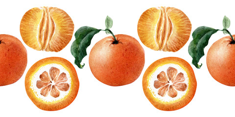 Watercolor seamless border of Fruits, twigs and slices of tangerine