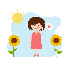 Cute cartoon of the woman is talking on the phone with her boyfriend at the outdoor with the sun and sunflowers. Girl holding the mobile phone with heart sign in the bubble text.