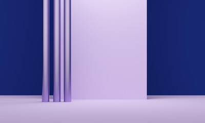 Blue room with a metal lilac column. Backdrop design for product promotion. 3d rendering