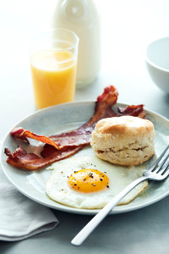 Basic Breakfast Egg Bacon Biscuit with Orange Juice