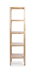 Empty wooden shelving unit isolated on white
