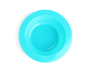 Light blue plastic baby plate isolated on white, top view. First food