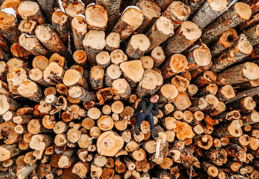 man sits alone on stack pile of cut logs with chin on hand