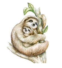 Sloth. Mom and baby are sitting on a branch with tropical leaves isolated on white background. Cute cartoon animals with a smile. Motherhood. Template. Illustration. Watercolor. Mother day.  © Yuliia