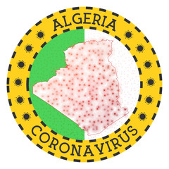 Coronavirus in Algeria sign. Round badge with shape of Algeria. Yellow country lock down emblem with title and virus signs. Vector illustration.