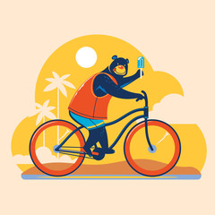 Summer animal illustration. Bear cycling touring explore the beach