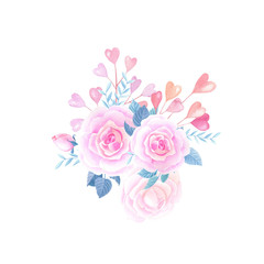 Watercolor pink roses,hearts. Watercolour Valentines day floral composition on a white background.