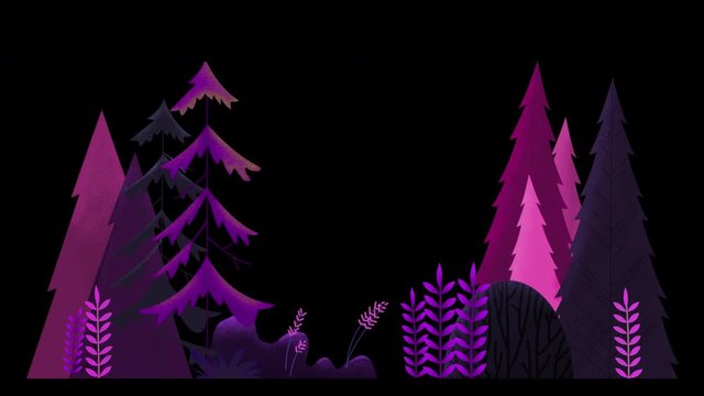 Seamless loop. Group of evergreen trees, grass and bushes swinging in wind.Purple and pink misty night. Animated vector illustration with brushes isolated on black background with alpha luma matte.