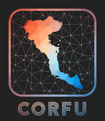 Corfu map design. Vector low poly map of the island. Corfu icon in geometric style. The island shape with polygonal gradient and mesh on dark background.