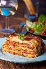 portion of fresh lasagna on a plate
