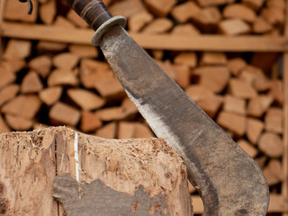 A billhook used to chop some wood. The bill hook is used by farmers and lumberjacks to prune little...