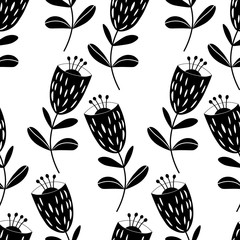 Seamless floral pattern based on traditional folk art ornaments. Black flowers on white background. Scandinavian style. Sweden nordic style. Vector illustration for fabric, textile, wallpaper.