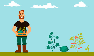 Farmer holds a wooden crate with fresh vegetables on the background of the garden. Flat design. Vector illustration