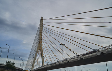 Fototapeta premium Bridge construction, bottom view. Cable stayed bridge construction