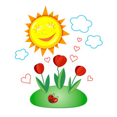 Isolated vector image of a solar flower bed; blooming tulips in the sun; drawing a happy summer day; blank for design.