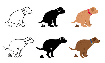 Pooping dog vector illustration. Dogs poop clip art, pet feces and dog vector silhouettes isolated on white background