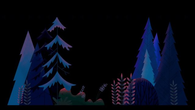 Seamless loop. Group of evergreen trees, grass and bushes swinging in wind.Blue misty night. Animated vector illustration with brushes and texture isolated on black background with alpha luma matte.
