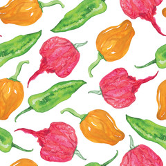 Hand-drawn watercolor seamless pattern with very hot peppers on a white background. Print with Habanero and Carolina Reaper. Hot green, orange and red peppers.
